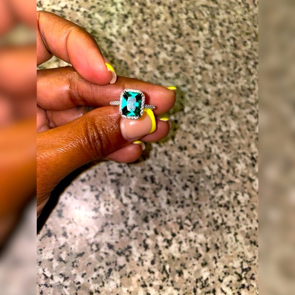 Octagon-Cut Emerald & White Lab-Created Sapphire Ring in Sterling Silver. - Picture 5 of 7